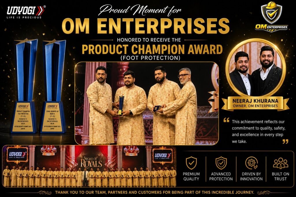 Dheeraj Khurana of OM Enterprises receiving industry award for excellence in quality, safety, and manufacturing at a corporate event.
