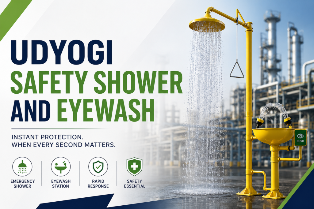 Udyogi Safety Shower and Eyewash emergency industrial safety equipment for chemical and manufacturing industries.