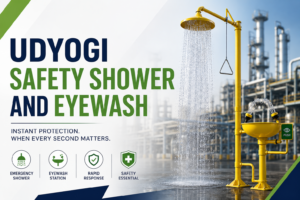 Udyogi Safety Shower and Eyewash emergency industrial safety equipment for chemical and manufacturing industries.