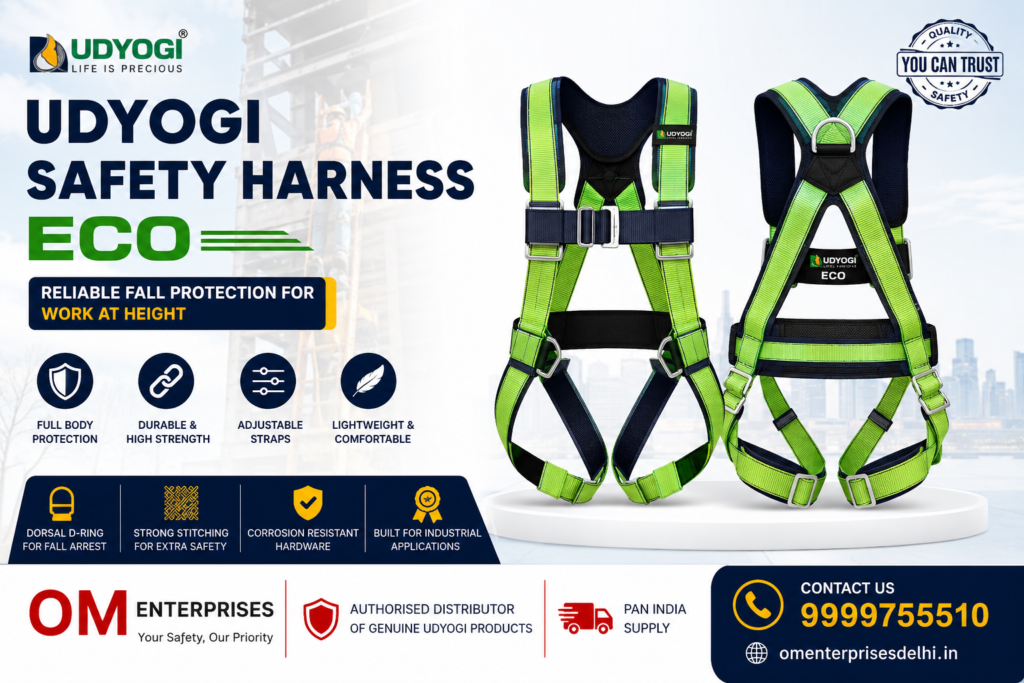 Udyogi Safety Harness ECO full body safety harness supplied by Om Enterprises for industrial fall protection across India.