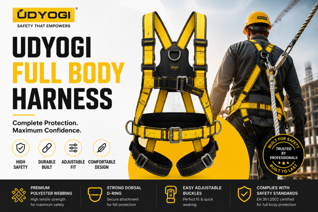 Udyogi Full Body Harness with dorsal D-ring, adjustable straps, and high-strength polyester webbing for fall protection in construction and industrial work at height.