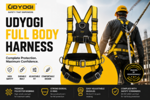 Udyogi Full Body Harness with dorsal D-ring, adjustable straps, and high-strength polyester webbing for fall protection in construction and industrial work at height.
